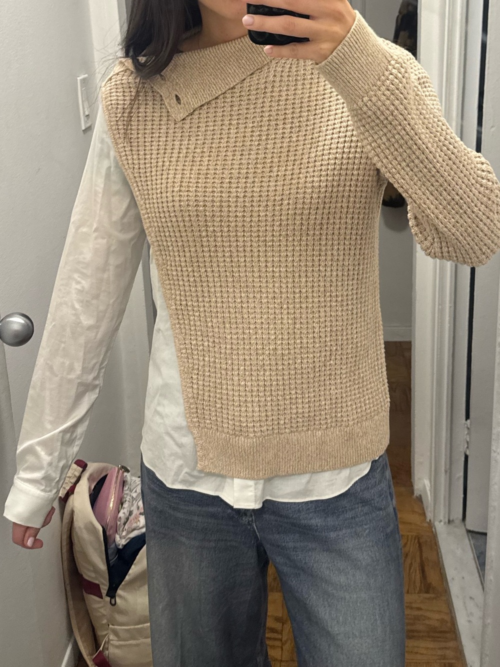 NWOT NAADAM Layered Knit Sweater in Beige & White Sz Small